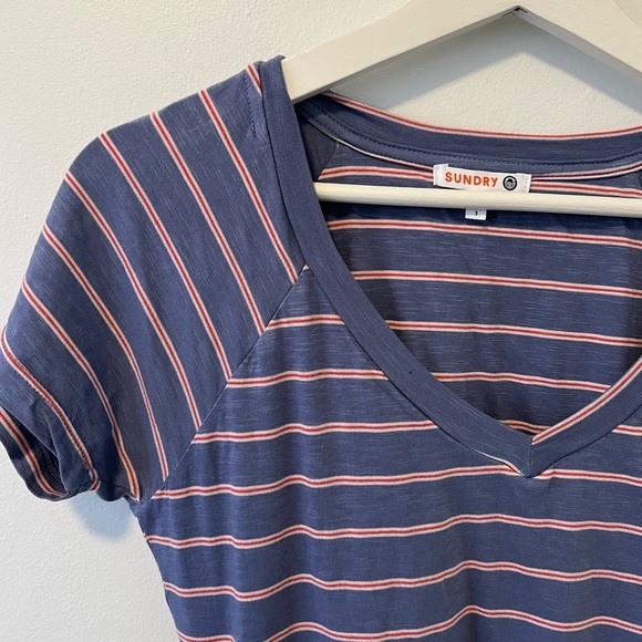 Anthropologie Sundry Striped V Neck Ruched Dress - Picture 3 of 11